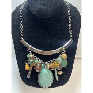 Chicos Silvertone Metal Multi Stone Statement Necklace In Browns & Blues